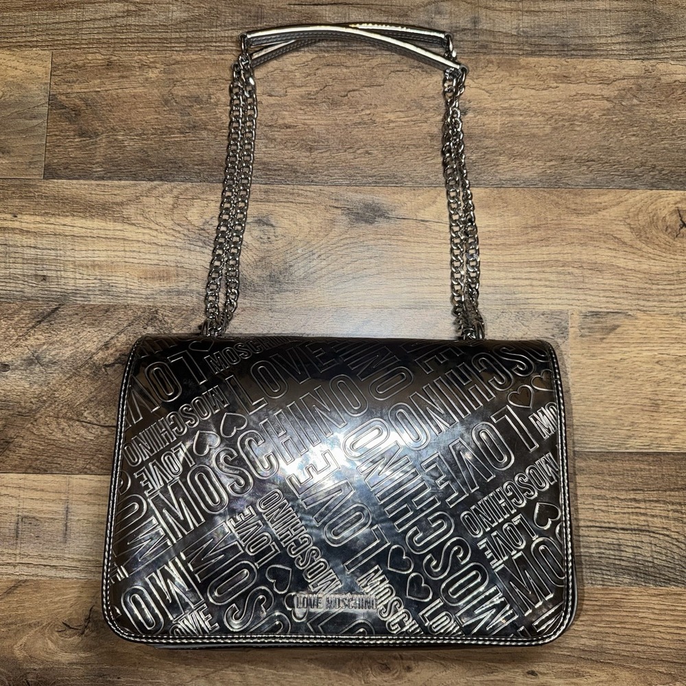 Love Moschino Shoulder Bag Womens Medium Gunmetal Embossed Logo Chain